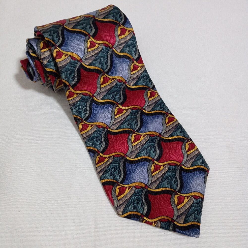 Jerry Garcia 100% Silk Handmade Colorful Blue Red Geometric Brocade Tie